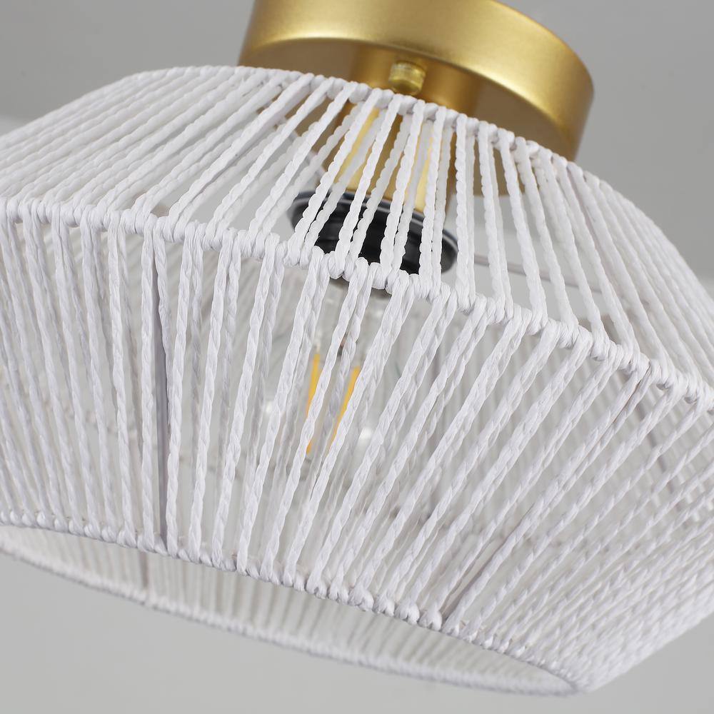 12.59 in. 1-Light Gold and White Metal Semi-Flush Mount Light with Imitation Hemp Rope Shade and No Bulbs Included - Hercitys