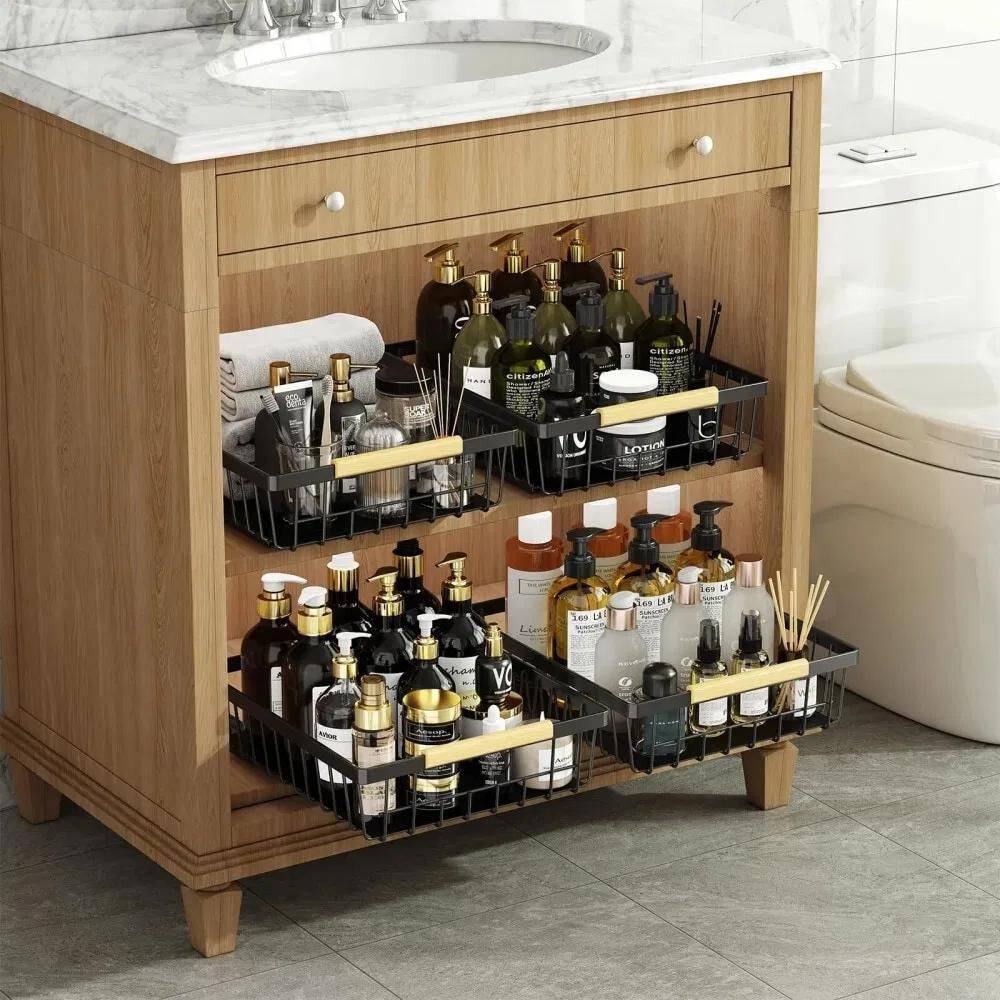 3.86 in. H x 15.56 in. W x 11.03 in. D Modern Black Metal Pull Out Cabinet Flatware Organizer, Slide Out Drawers, 2-Pack - Hercitys