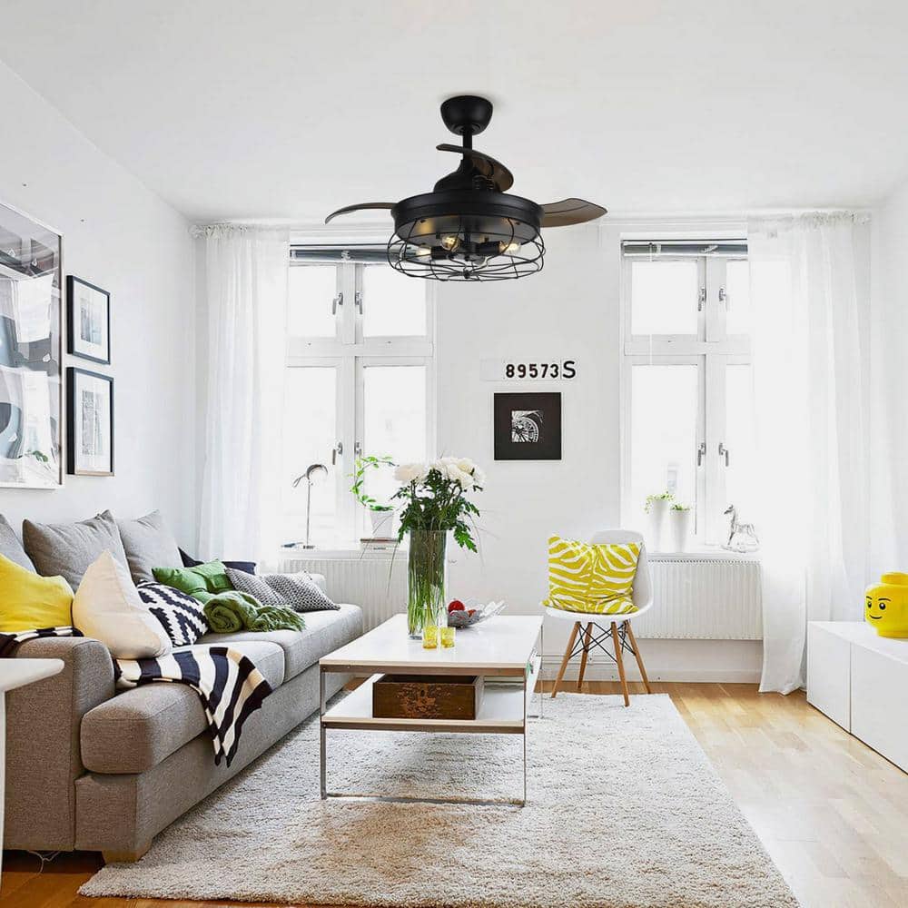 36 in. Downrod Mount Retractable 3-Blade Black Ceiling Fan with Light Kit and Remote Control - Hercitys