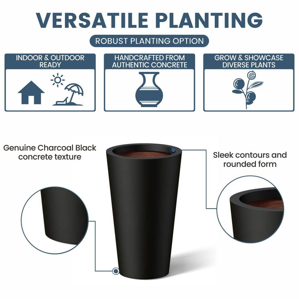 12 in. Large Charcoal Black (Premium Inner) Concrete Round Planter / Pot with Drainage Holes - Hercitys