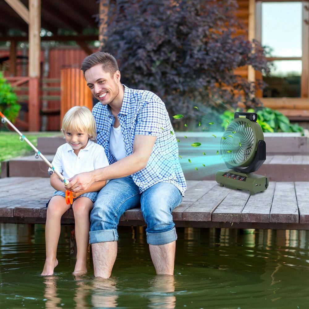 20000mAh 7 in. 4 Fan Speeds Desk Fan in Green with Flashlight Hanging Hook, Remote Control, Power Bank and Timer Speed - Hercitys