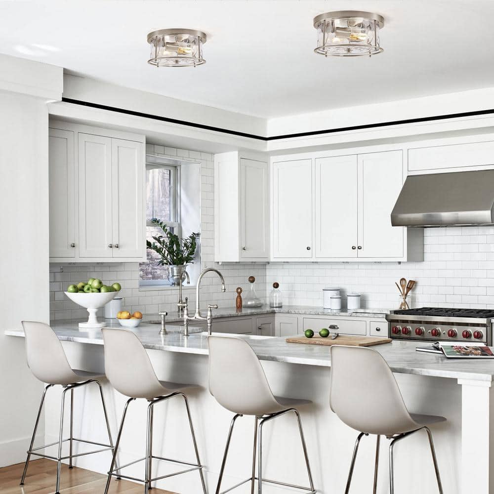 12.5 in. 2-Light Nickel Flush Mount Water Ripple Glass Ceiling Light with Metal Frame - Hercitys