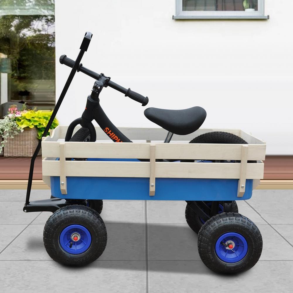 3.04 cu. ft. 176 lbs. Steel Outdoor All-Terrain Frame Wood Railing Pulling Wagon Garden Cart in Blue - Hercitys