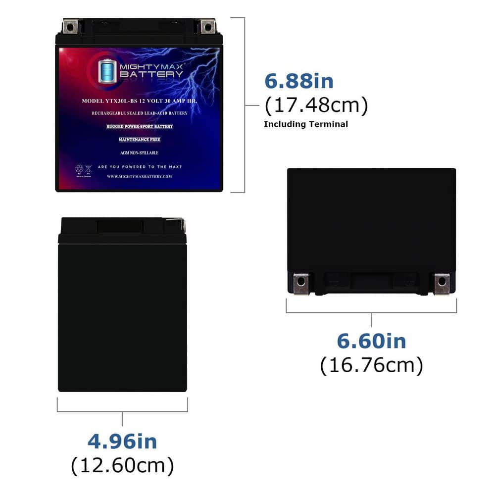 12-Volt 30 Ah 385 CCA AGM Sealed Lead Acid (SLA) Powersport Battery - Hercitys