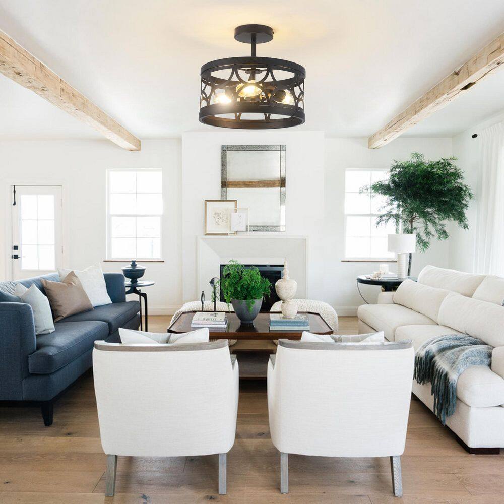 12.6 in. 3-Light Black Farmhouse Drum Semi-Flush Mount Light with Metal Shade - Hercitys
