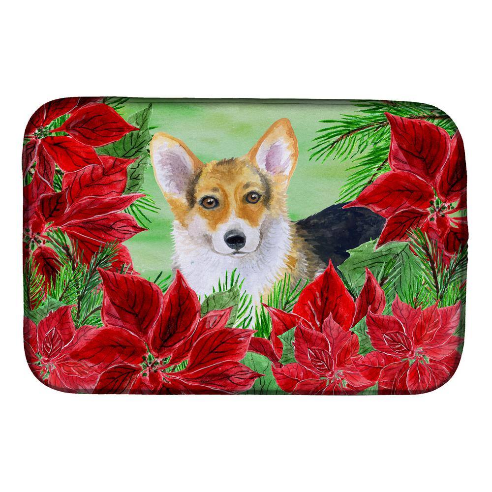 14 in. x 21 in. Multi-Color Pembroke Corgi Poinsettas Dish Drying Mat - Hercitys