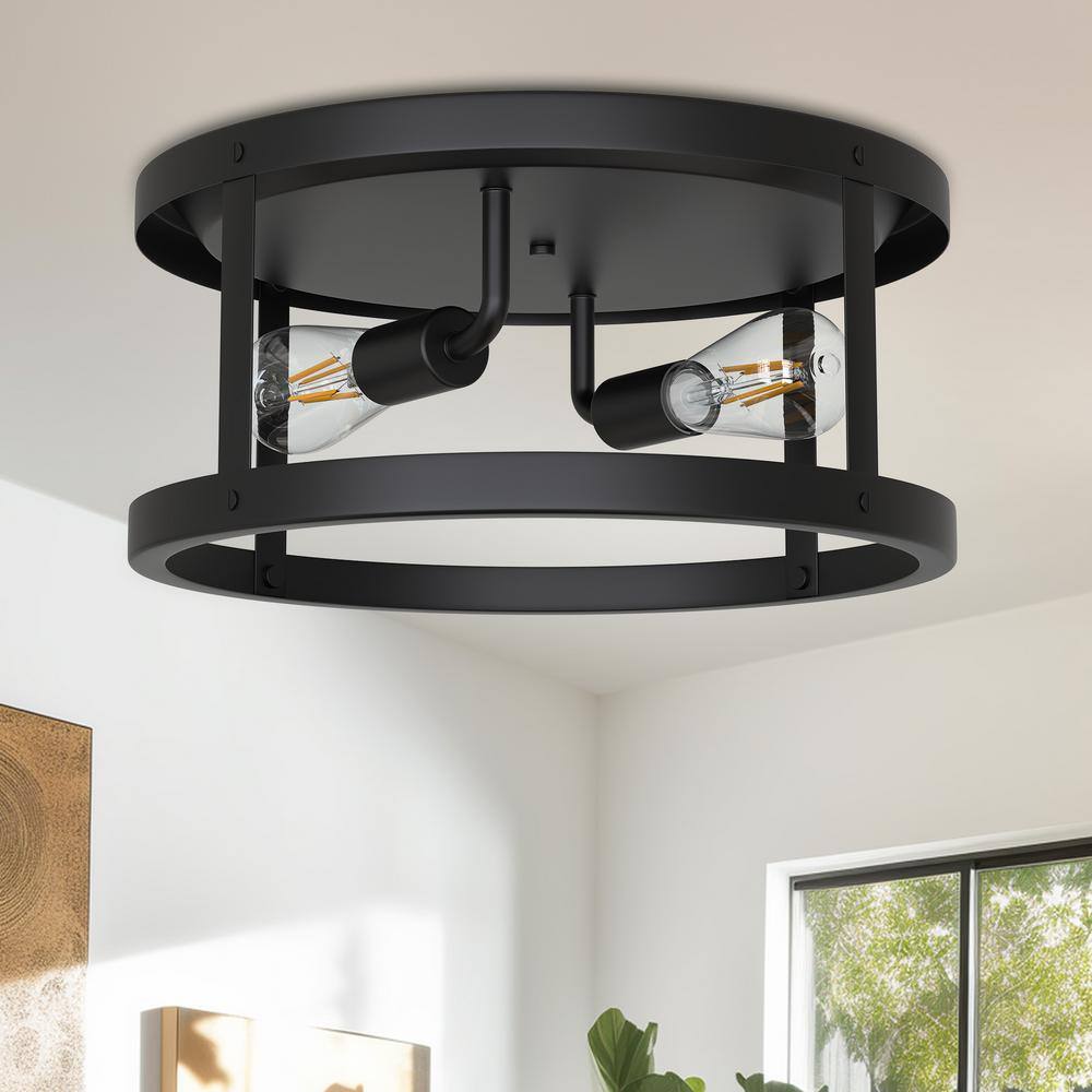 2-Light 12.6 in. Matte Black Drum Flush Mount Ceiling Light - Hercitys