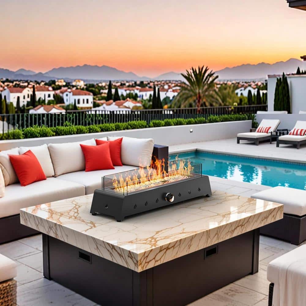 28”Outdoor Portable Fire Pit 30000 BTU Propane Fireplace Rectangle w/Wind Glass Shield, Laval Rocks - Hercitys