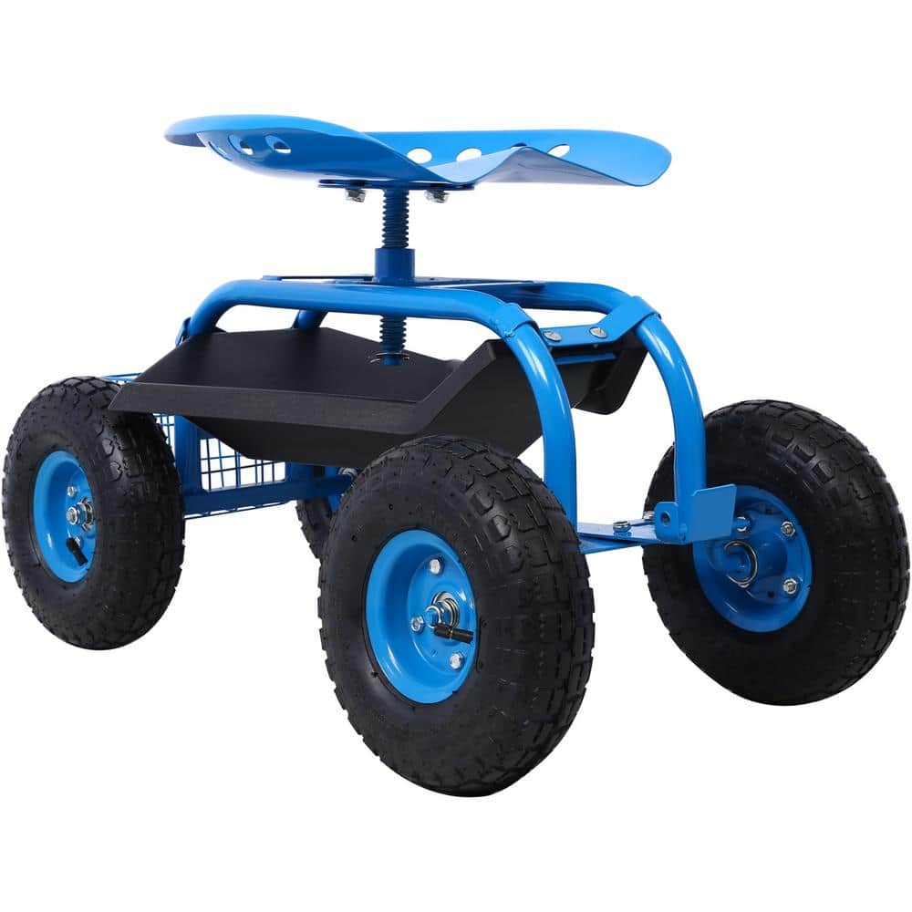 4 cu. ft. Blue Steel Rolling Garden Scooter Garden Cart Seat with Wheels and Tool Tray, 360 Swivel Seat - Hercitys