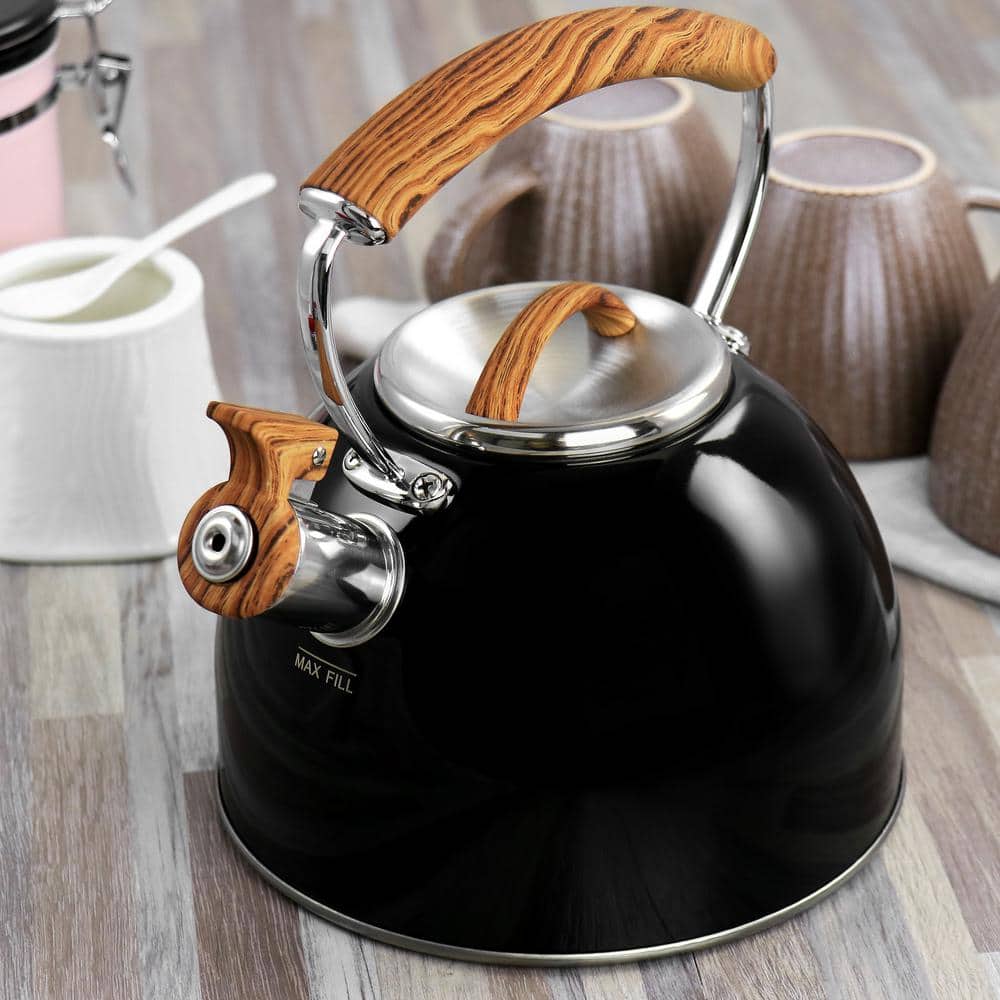 2-Quart 8-Cup Black Stainless Steel Whistling Tea Kettle with Wood Pattern Handle - Hercitys