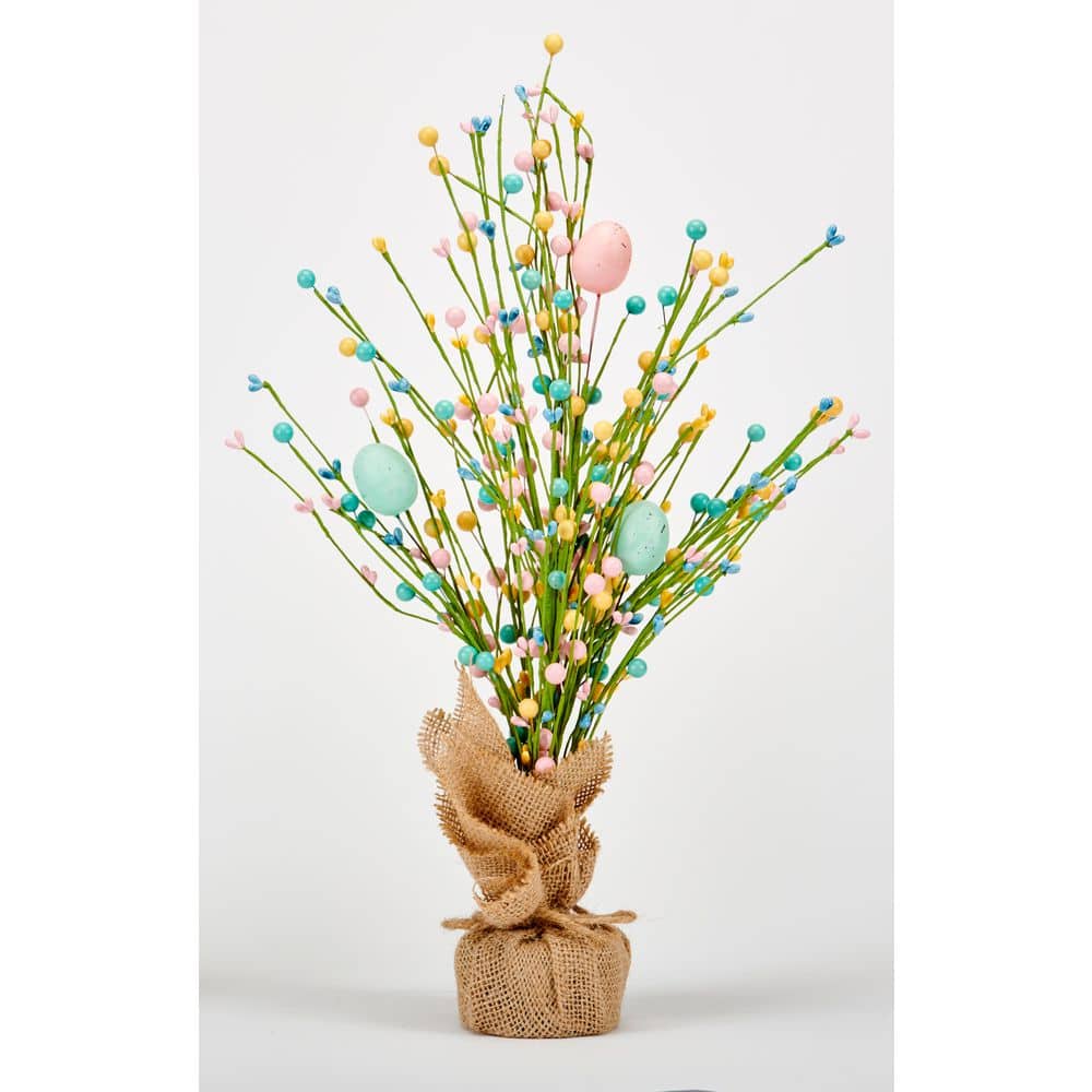 18 in Easter Tabletop Tree with Eggs and Berries in Burlap Sack Base - Hercitys