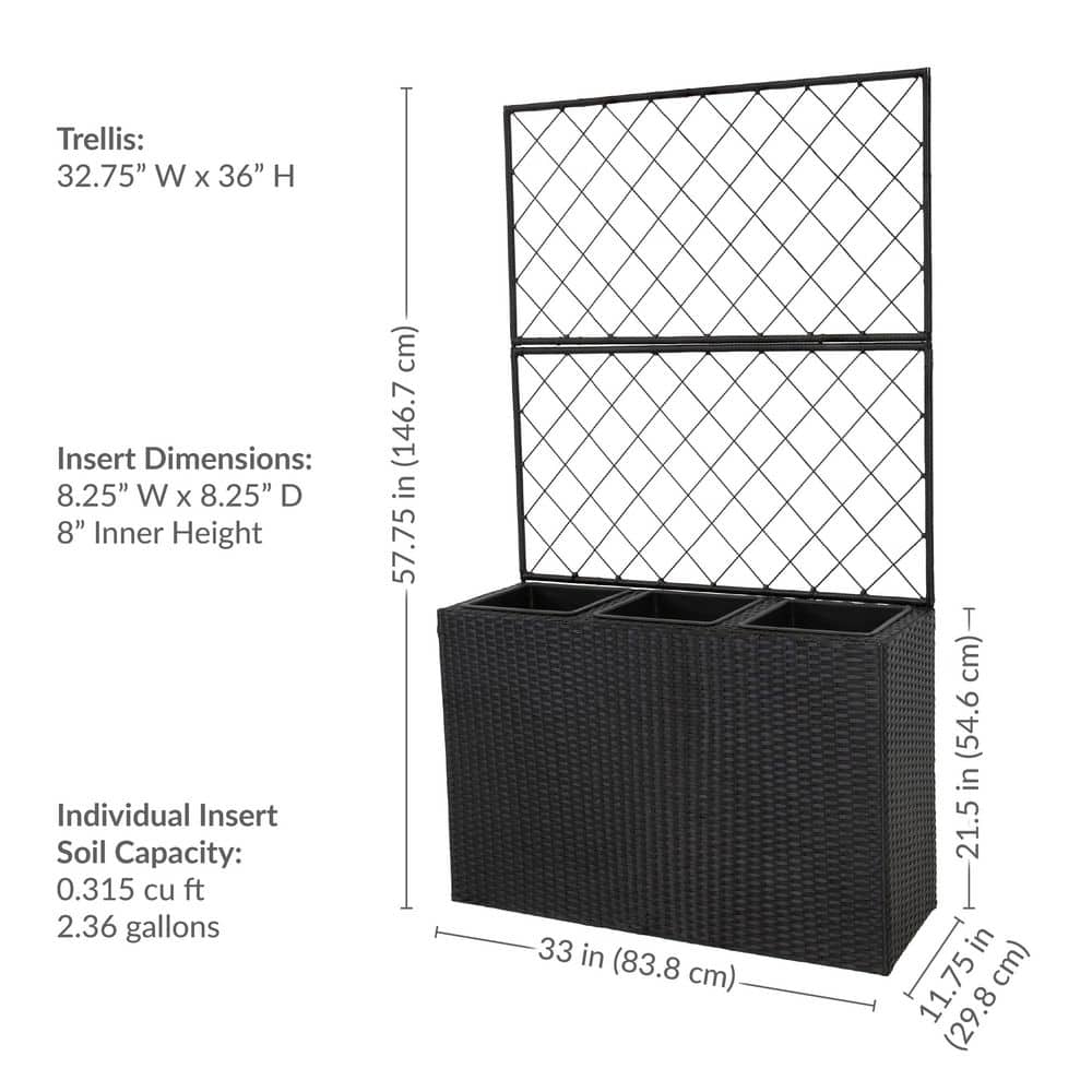 3-Section Plastic Wicker Planter Box with Trellis-Black - Hercitys