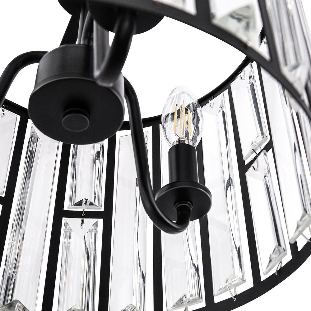 12.4 in. 3-Light Matte Black Semi-Flush Mount Ceiling Light with Crystal Accents, E12 Base, No Bulbs Included - Hercitys