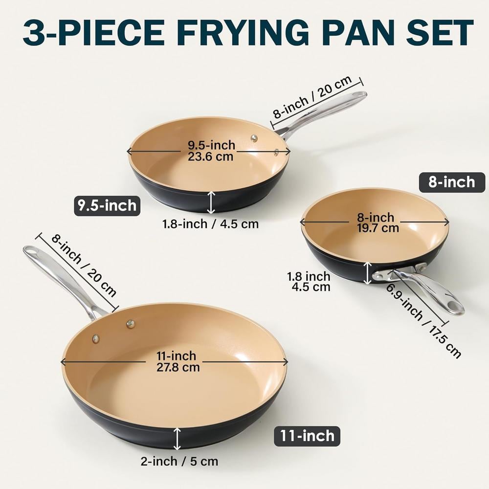 3-Piece 8-inch/9.5-inch/11-inch Hard Anodized Ceramic Nonstick Frying Pan Set, Induction Cookware Egg Omelette Pan - Hercitys