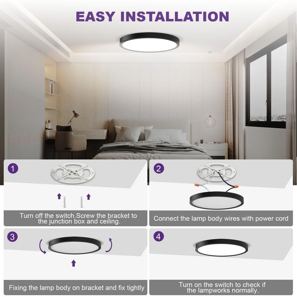 24 in. 48-Watt 3050 Lumens Black Integrated LED Flat Panel Light Flush Mount Ceiling Light with 5CCT Selectable - Hercitys
