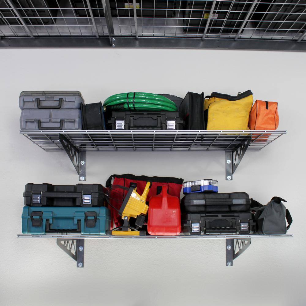 18 in. D x 36 in. W x 8 in. T Hammertone Grey Heavy-Duty Steel Wall Mounted Shelves Includes 2-Shelves and 4-Hooks - Hercitys