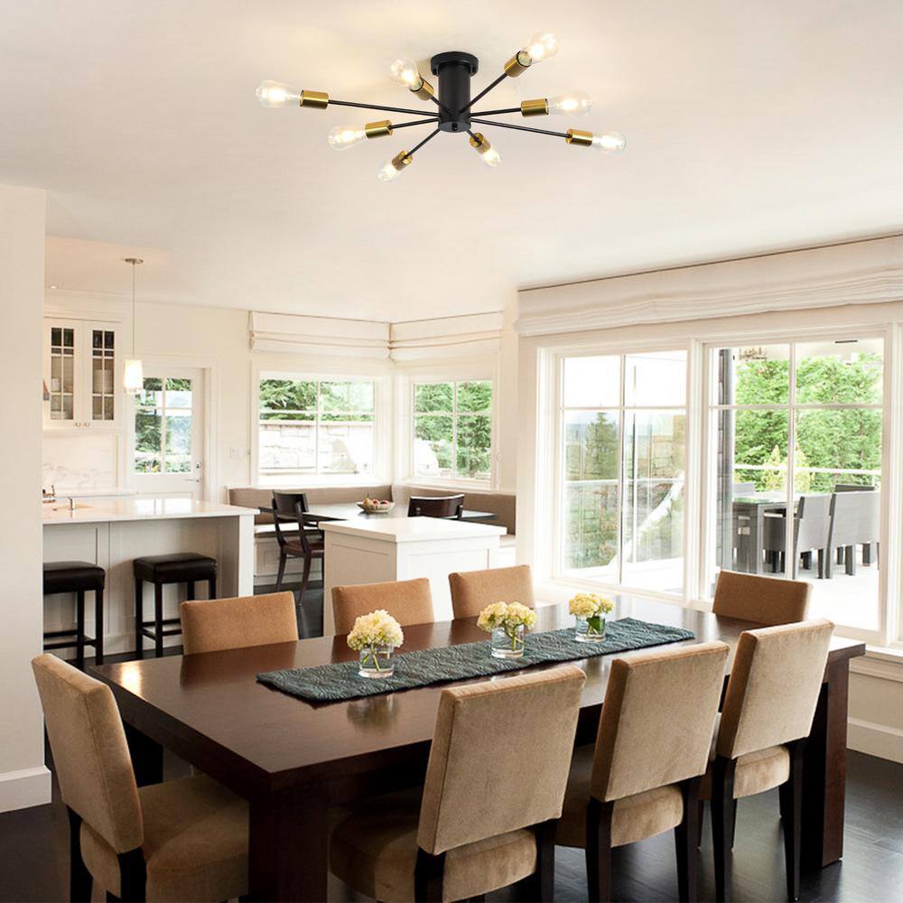 30.12 in. 8-Light Black and Gold Sputnik Transitional Flush Mount Ceiling Lights - Hercitys