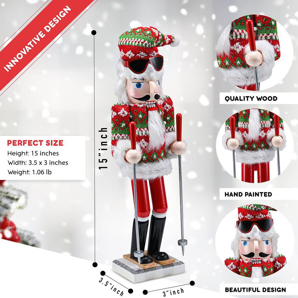 15 in. Wooden Christmas Skier Man Nutcracker -Red and Green Nutcracker Guy with Ugly Sweater and Skis in Skiing Pose - Hercitys