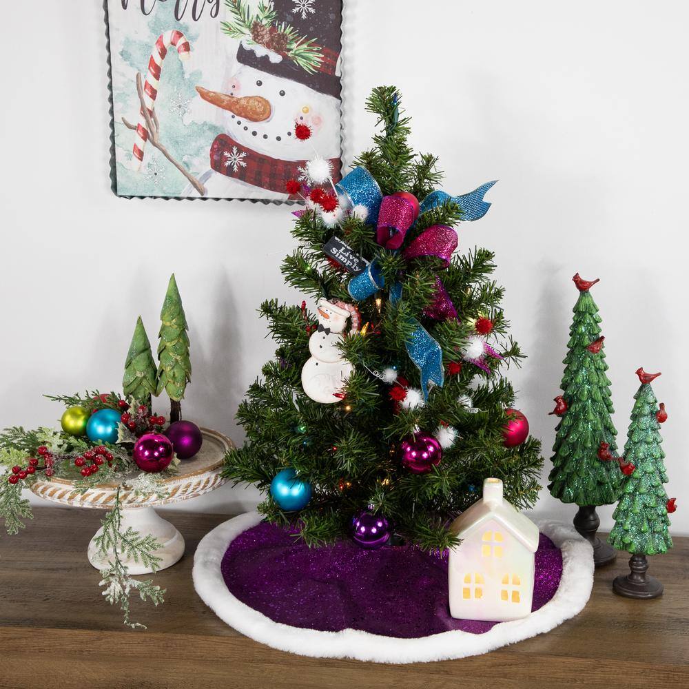 20 in. Purple Glittered Mini Christmas Tree Skirt with Faux Fur Trim - Hercitys