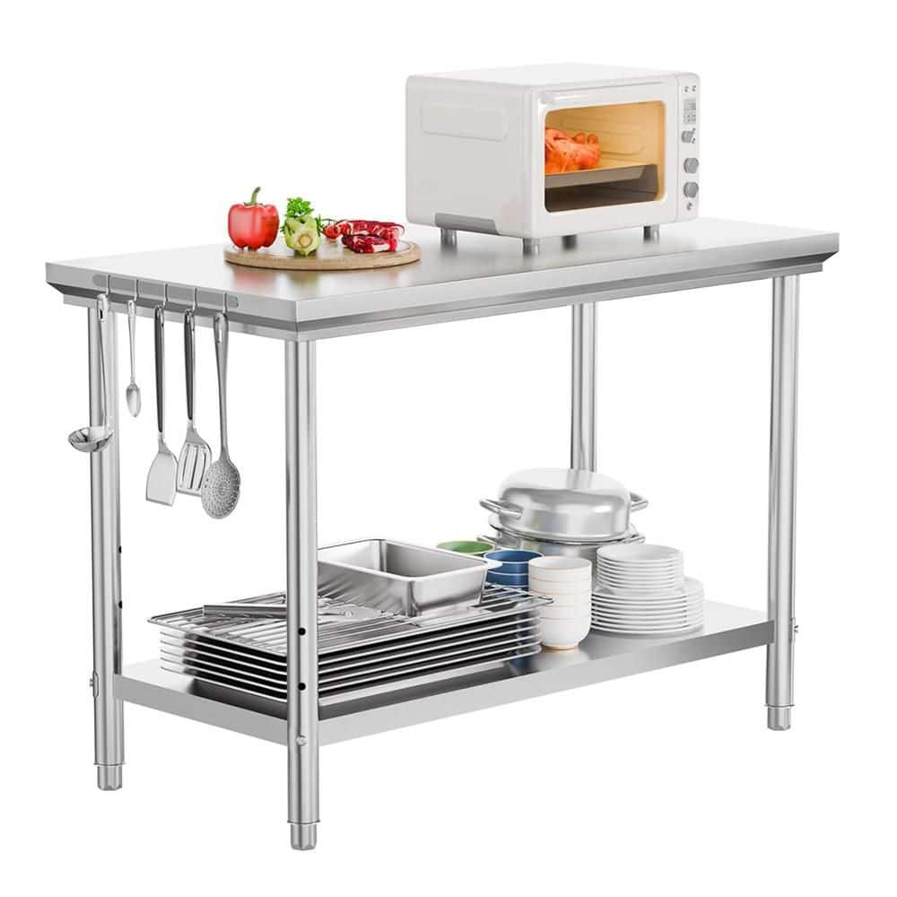 48 x 24 in. Silver Stainless Steel Kitchen Prep Table with Hooks and Adjustable UnderShelf - Hercitys