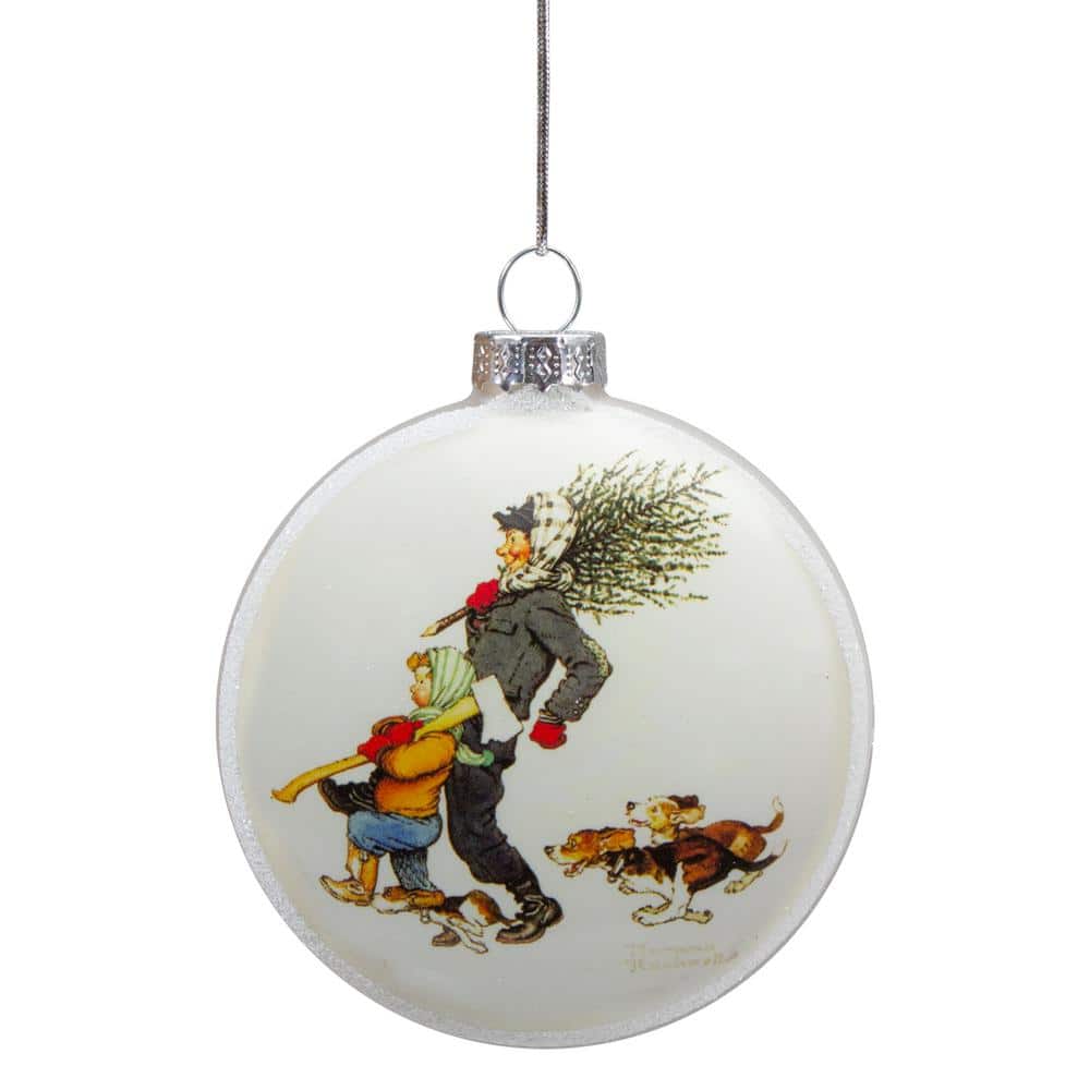 3 in. Norman Rockwell Bringing Home The Tree Glass Christmas Disc Ornament - Hercitys