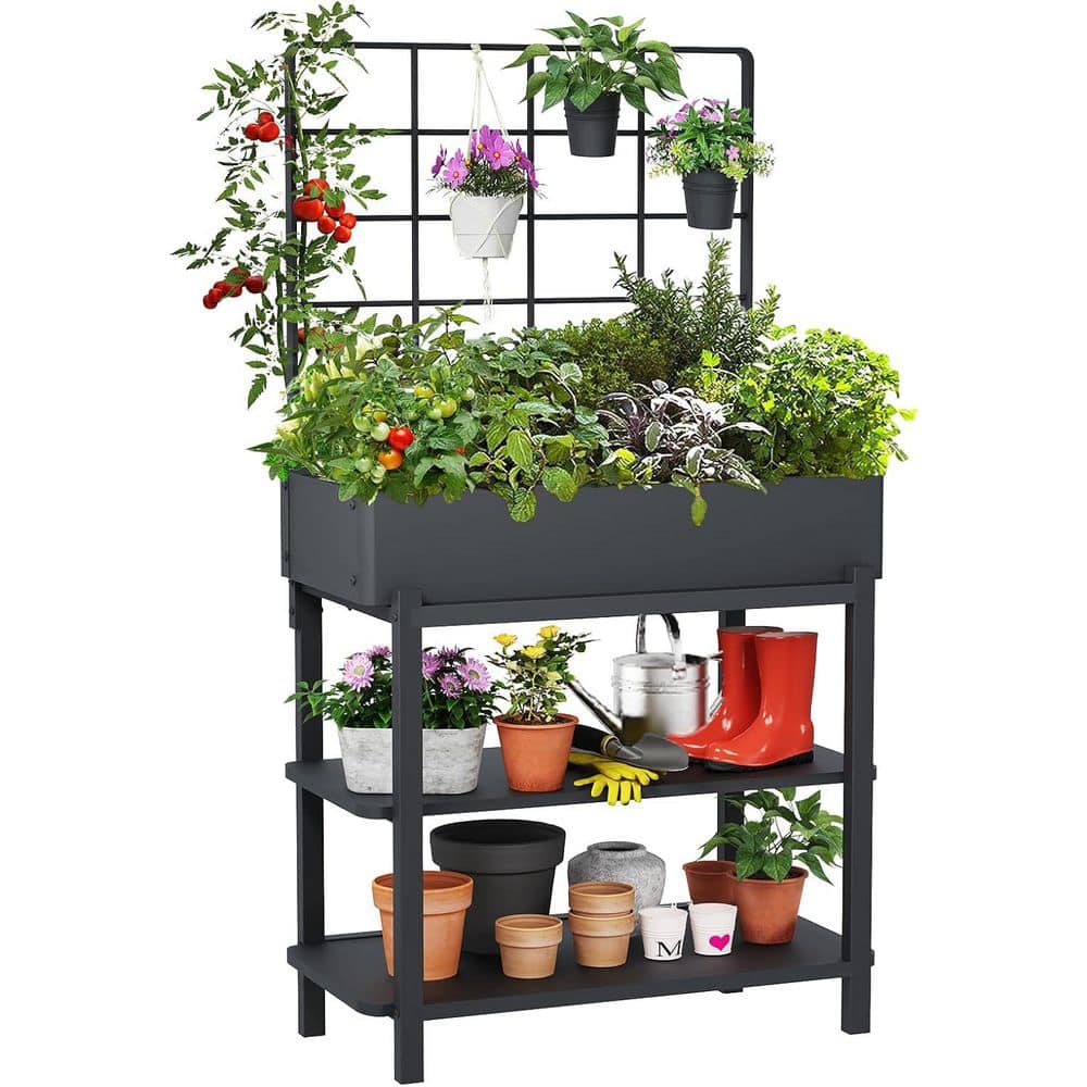 37 in. x 12 in. x 36 in. Black Rust Resistant Metal Rectangular Indoor/Outdoor Elevated Planter Box w/Trellis Raised Bed - Hercitys