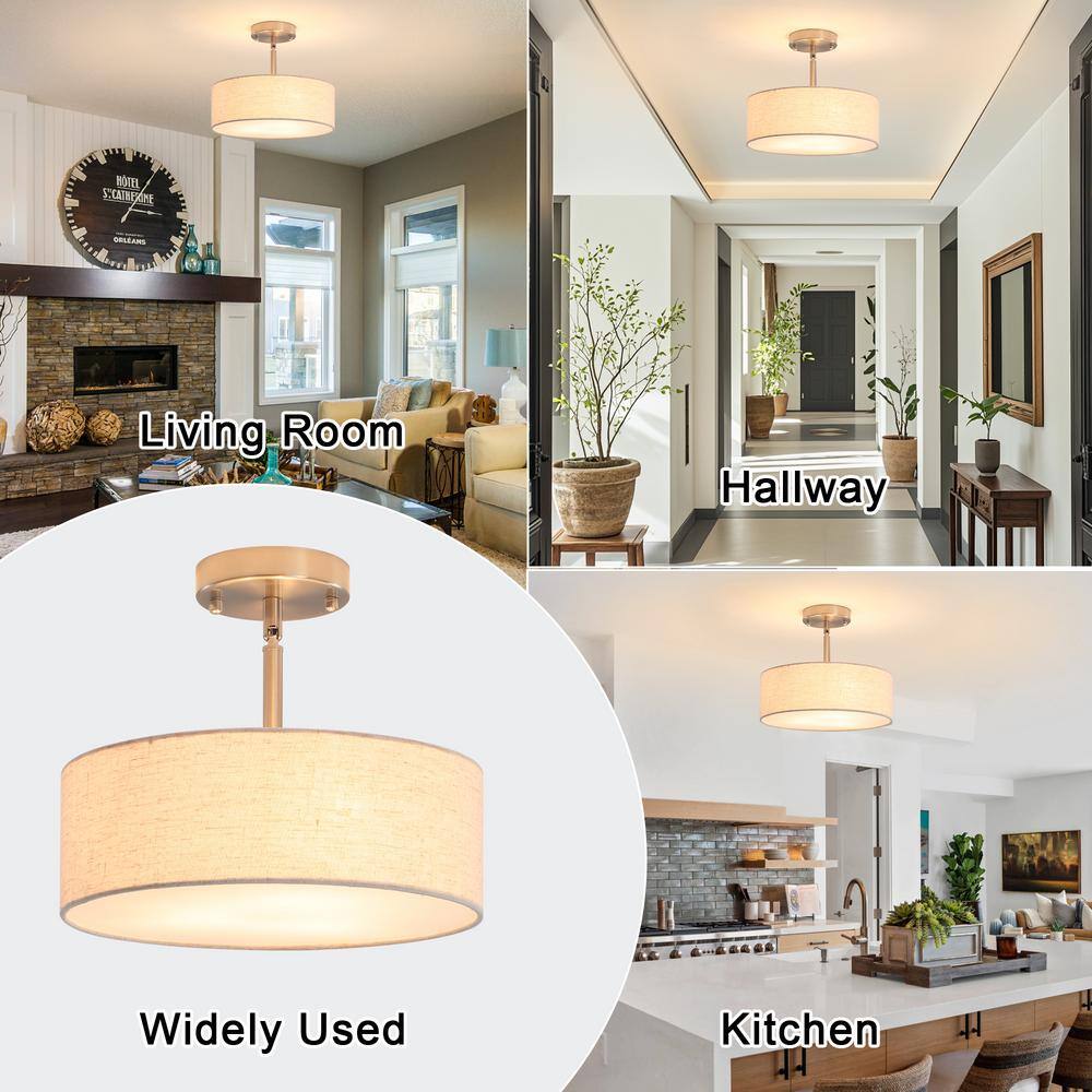 12.6 in. 3-Light Nickel Drum Linen Blend Semi Flush Mount Ceiling Light with White Fabric Shade and No Bulbs Included - Hercitys