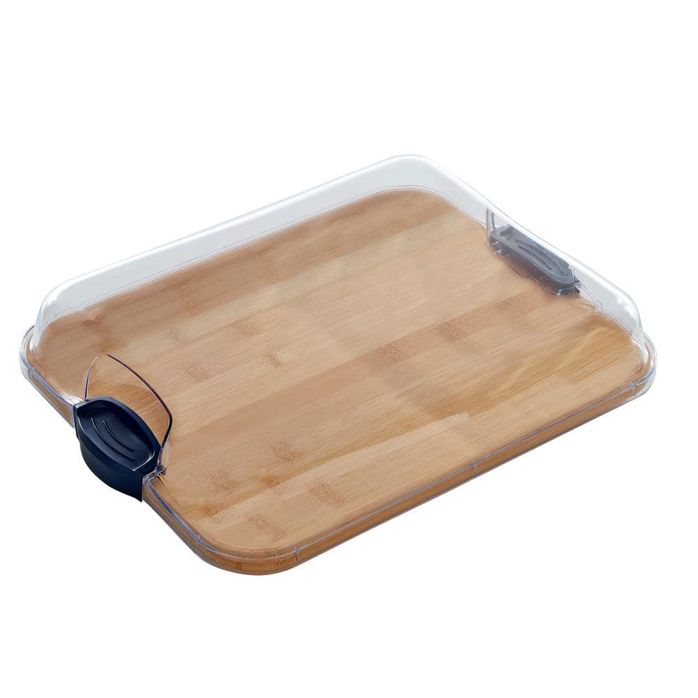 11 in L x14 in W x 2.9 in H Build-A-Board Bamboo Cutting Board w/ Clear Locking Lid w/Black Handles, Single Compartment - Hercitys