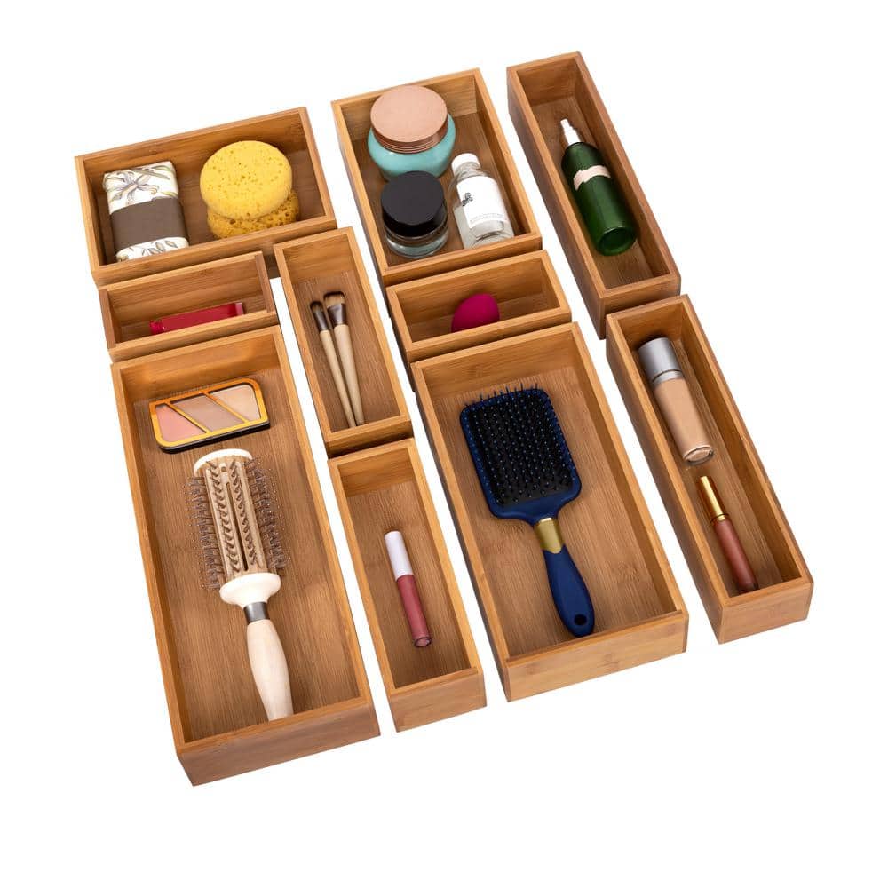 10-Piece Golden Natural Bamboo Storage Organizer Box Set - Hercitys