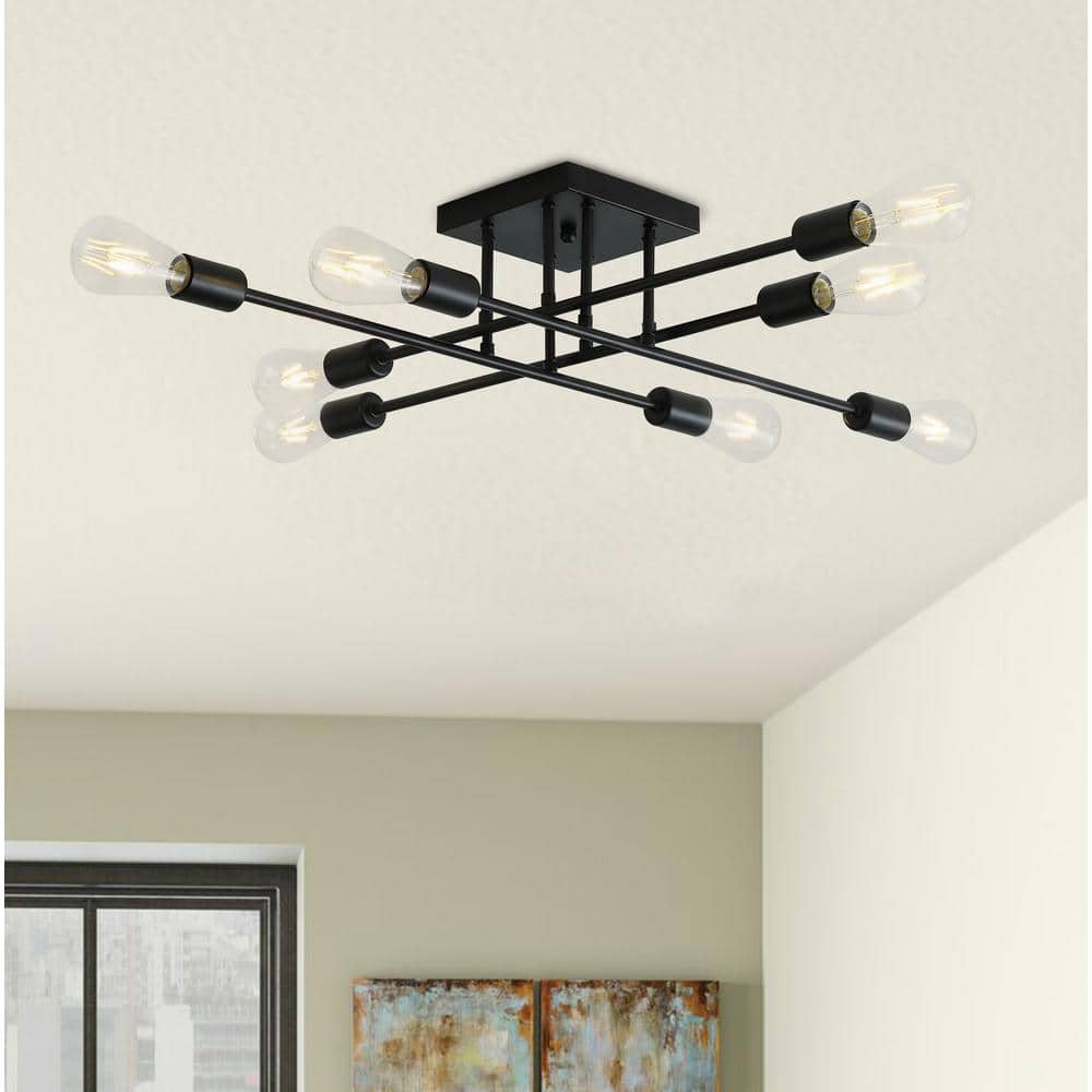 27.1in. 8-Light Black Sputnik Modern Linear Semi-Flush Mount - Hercitys