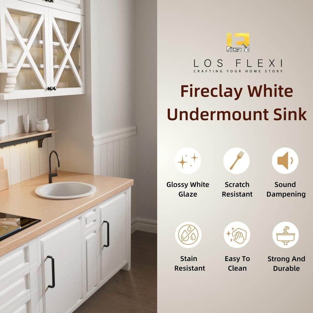 18 in. White Kitchen Sink Undermount, Compact Round Single Bowl Fireclay Basin, Includes Grid and Drain Strainer - Hercitys
