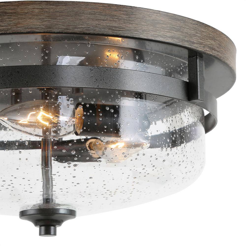13.5 in. 3-Light Bronze Flush Mount Ceiling Light with Drum Clear Seeded Glass Shade and Round Faux Aged Wood Plate - Hercitys