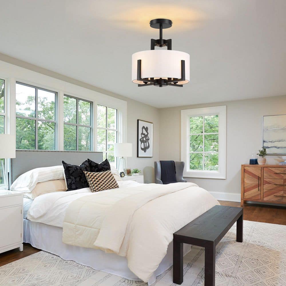 12.9 in. 4-Light Fabric Drum Shade Semi Flush Mount Ceiling Light Fixture - Hercitys