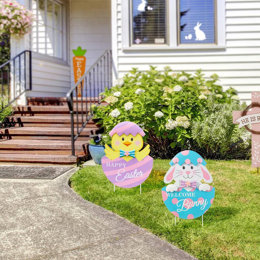 (Set of 2) 24 in. H Easter Metal Bunny&Chick Egg Yard Stake - Hercitys