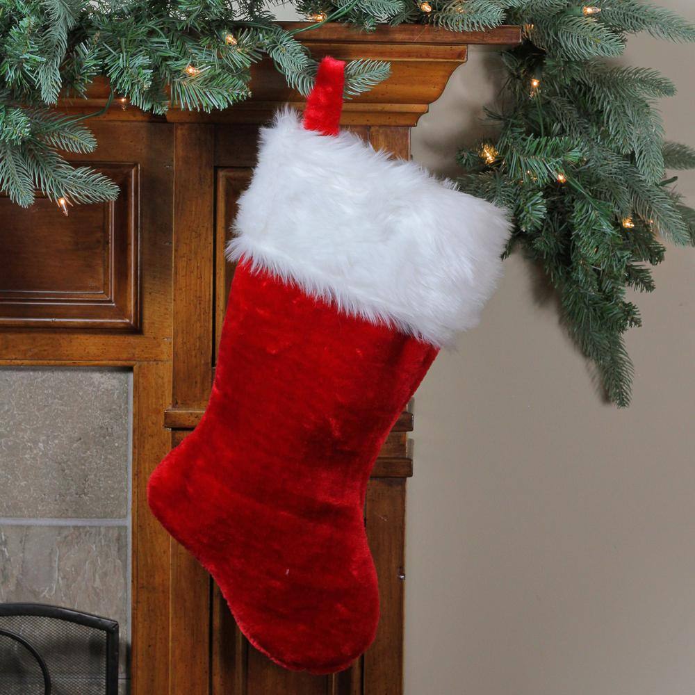 20 in. Red and White Plush Traditional Christmas Stocking with Cuff - Hercitys
