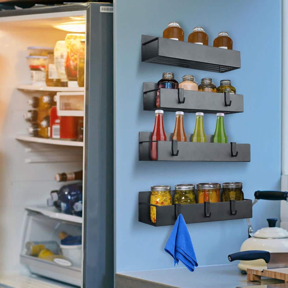 4-Piece Black Strong Magnetic Spice Rack Seasoning Storage Shelf for Refrigerator Microwave Spice Storage Holder - Hercitys